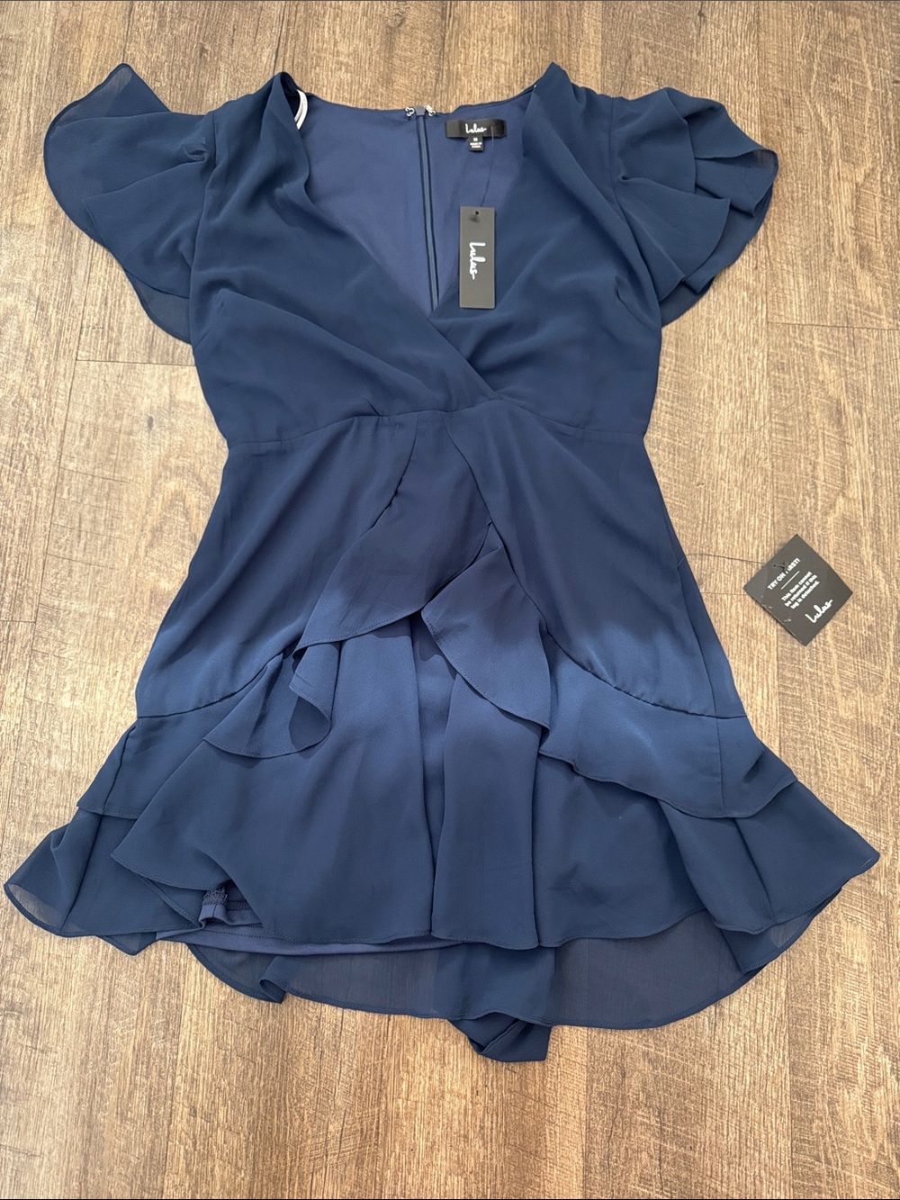Lulu's Navy Ruffle Wrap-Style Mini Dress